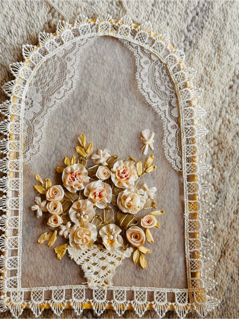 Vintage Ribbon Lace & Embroidered Cream, Pink & Green Floral Lace Wall Hanging